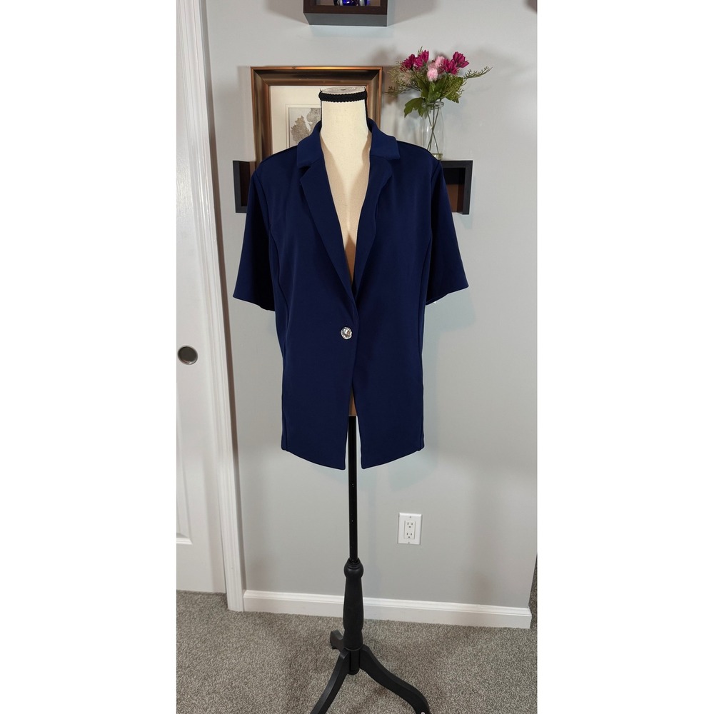 Susan Graver Liquid Knit Navy Blue Short Sleeve Blazer Jacket Large Button